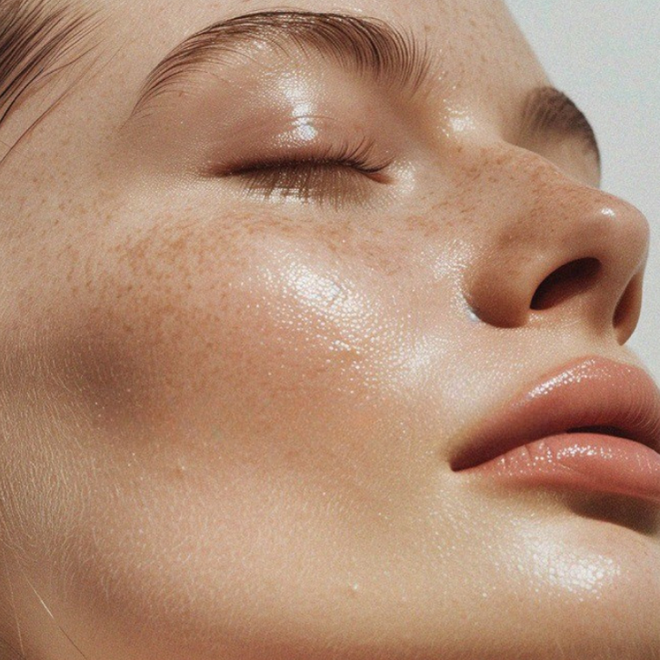 Close-up of a person's face with 'NUA Skin' branding.